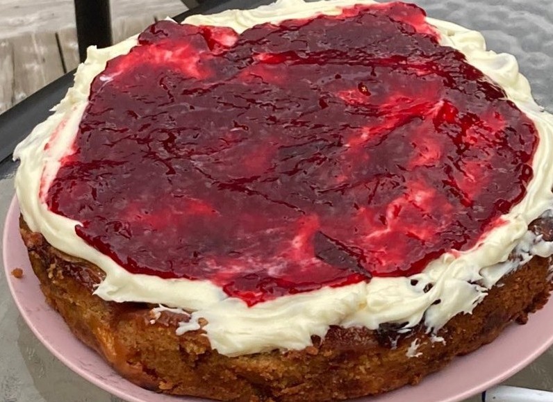 Olive Oil Cake with Stone Fruits and Kefir Cream Frosting