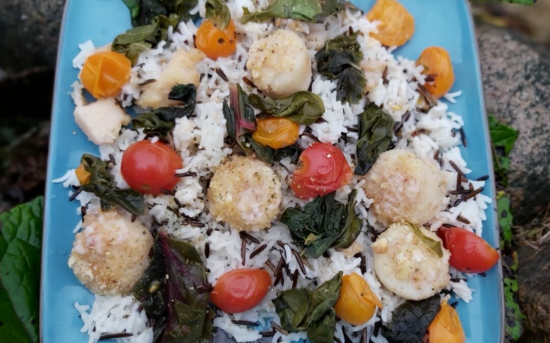 Scallops and rainbow chard and wild rice